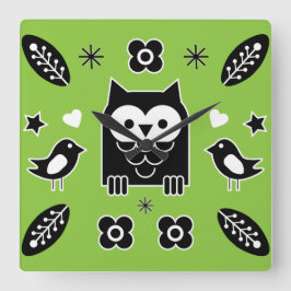 Relógio Quadrado Presente de Arte Folclórica de Coruja Escandinava