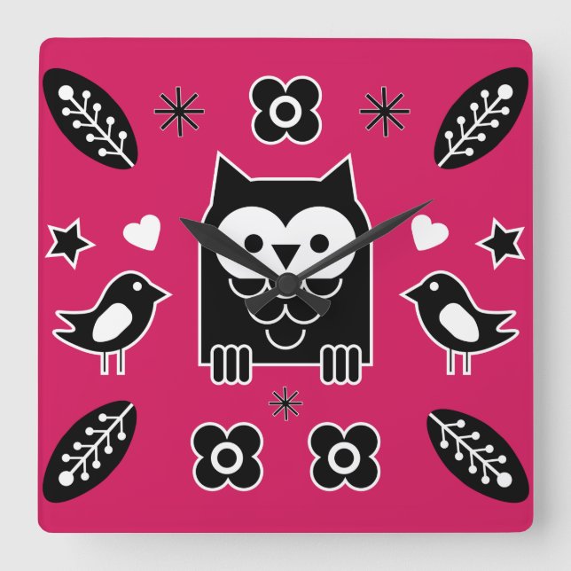Relógio Quadrado Presente de Arte Popular da Coruja Escandinava (Frente)