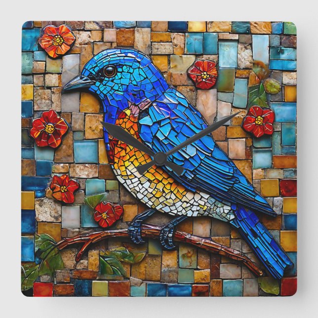Relógio Quadrado Presente de Aves Mosaico Colorido para Amantes de  (Frente)