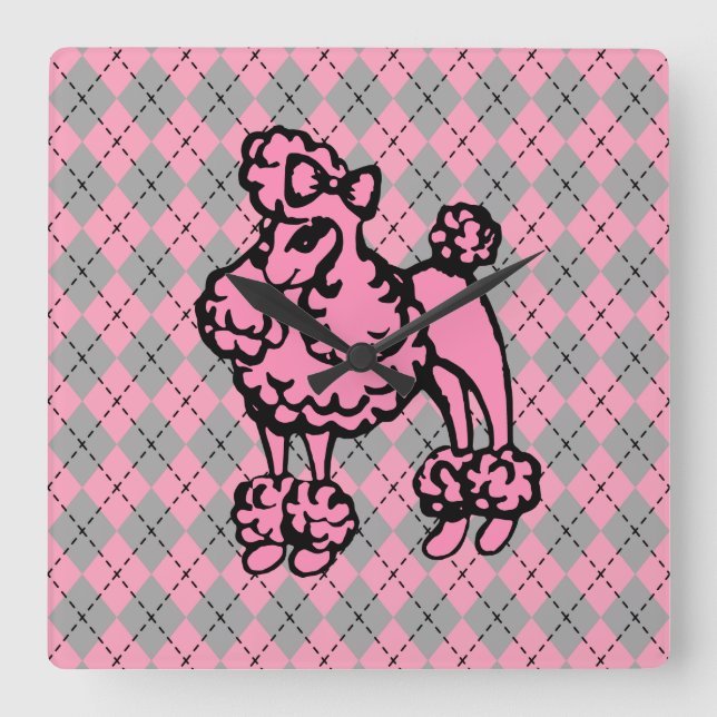 Relógio Quadrado Presente de Poodle Francês Rosa Retro (Frente)