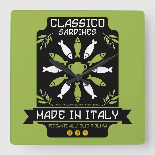 Relógio Quadrado Presente italiano de Impressão de Arte Sardine (Frente)