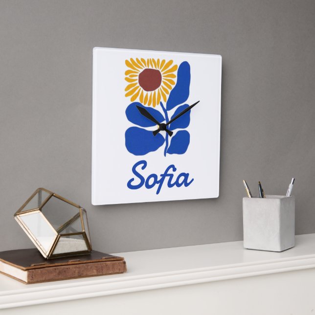 Relógio Quadrado Presente Personalizado com Nome Floral Retro Perso (Escritório)
