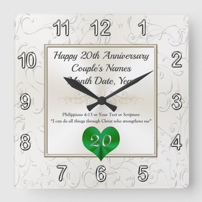 Relógio Quadrado Presentes de aniversário para 20 anos de Casamento (Frente)