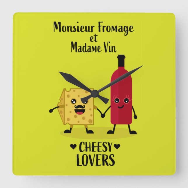 Relógio Quadrado Presentes de queijo e vinho franceses  (Frente)