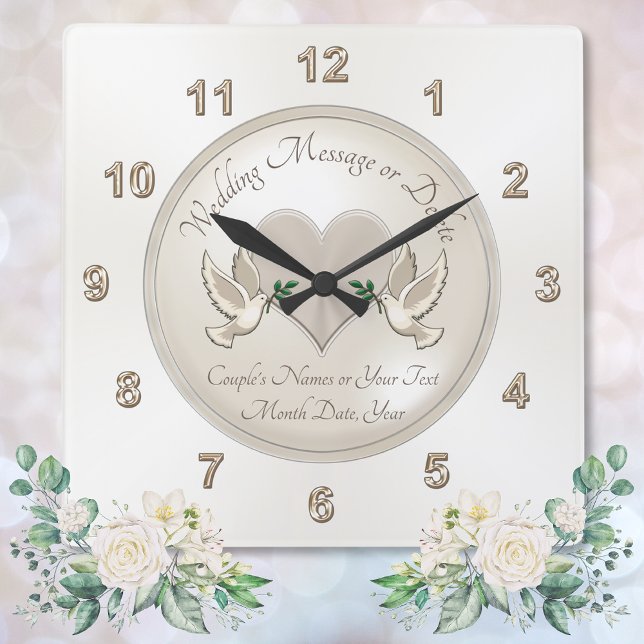 Relógio Quadrado Presentes personalizados para casamentos com aves (Elegant, Love Birds and Heart, personalized wall clock wedding gift. for bride and groom. Clock.)