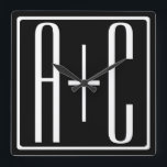 Relógio Quadrado Preto & Branco | Iniciais de Casais<br><div class="desc">Perfeito para monograma duplo ou mesmo logotipo.

Obrigado pela sua compra!</div>