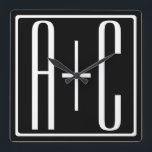 Relógio Quadrado Preto & Branco | Iniciais de Casais<br><div class="desc">Perfeito para monograma duplo ou mesmo logotipo.

Obrigado pela sua compra!</div>