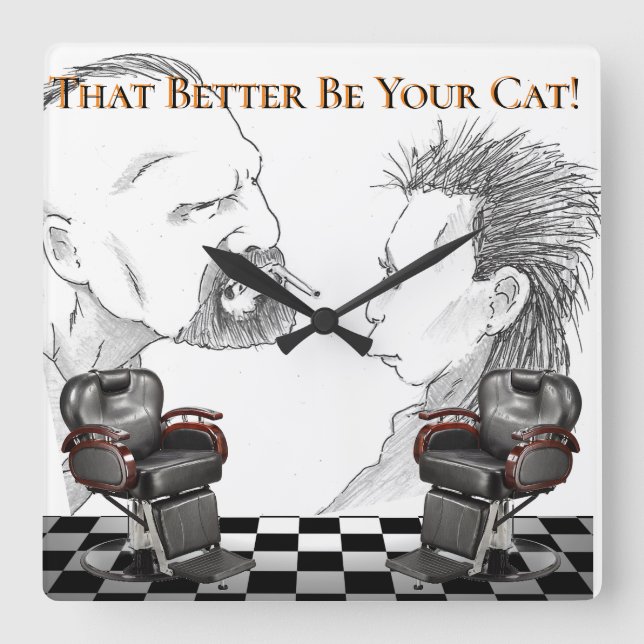 Relógio Quadrado Preto da barbearia, branco, verificadores (Frente)