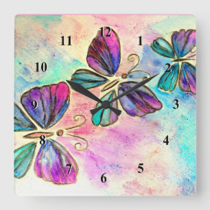 Relógio Quadrado Primavera Borboletas Parede Clock Aquarela