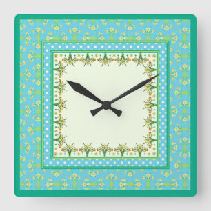 Relógio Quadrado Primavera Daffodils Border e Bolinhas Wall Clock