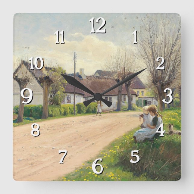 Relógio Quadrado Primavera na vila com garotas na estrada (Frente)