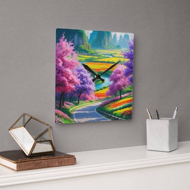 Relógio Quadrado "Primavera Serenity - Eterno Floral Path Wall Cloc (Escritório)