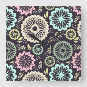 Relógio Quadrado Primavera vintage flores cinza turquesa rosa