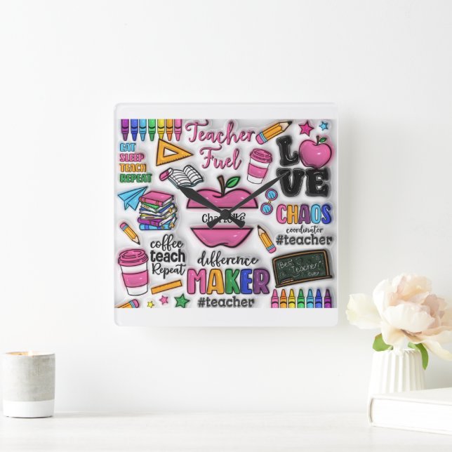 Relógio Quadrado Professor: Combustível, Amor, Inspiração, Repetir (Lar)