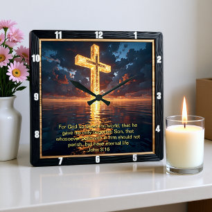 Relógio Quadrado Promessa Eterna A Cruz Água Pôr do Sol João 3:16 