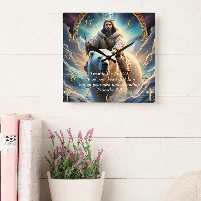 Relógio Quadrado Provérbios 3:5 ursos de fé cristã (Criador carregado)