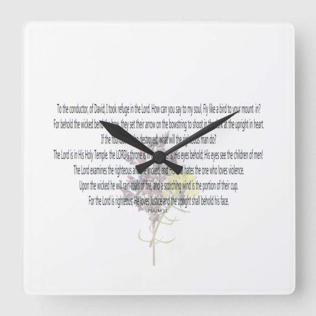 Relógio Quadrado PSALM-11, eu me refugiei no Senhor, Floral (Frente)