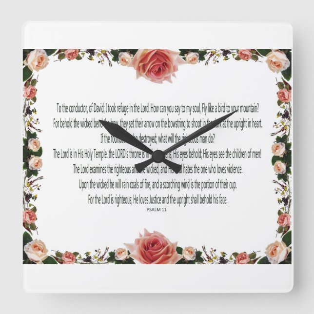 Relógio Quadrado PSALM-11, Ver Crianças de Homens, Floral Rosa (Frente)