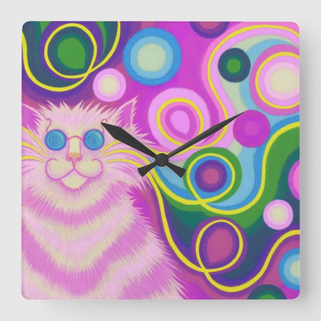 Relógio Quadrado Psy-cat-delic Pink clock quadrado (Frente)