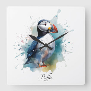 Relógio Quadrado Puffin de Aquarela Adorável, personalizado