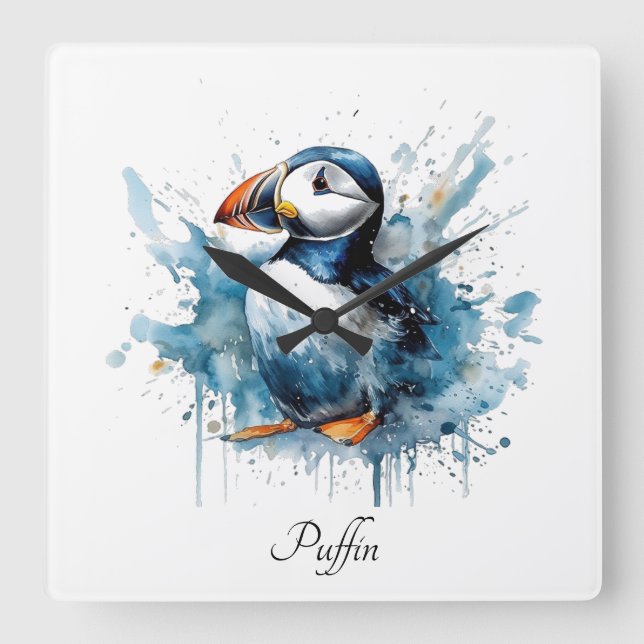 Relógio Quadrado Puffin Splash, personalizado (Frente)