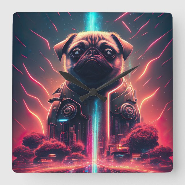 Relógio Quadrado Pug Adorável no Figurino Robô Futurístico (Frente)