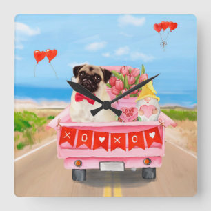 Relógio Quadrado Pug Cachorro Dia dos Namorados Caminhão Corações