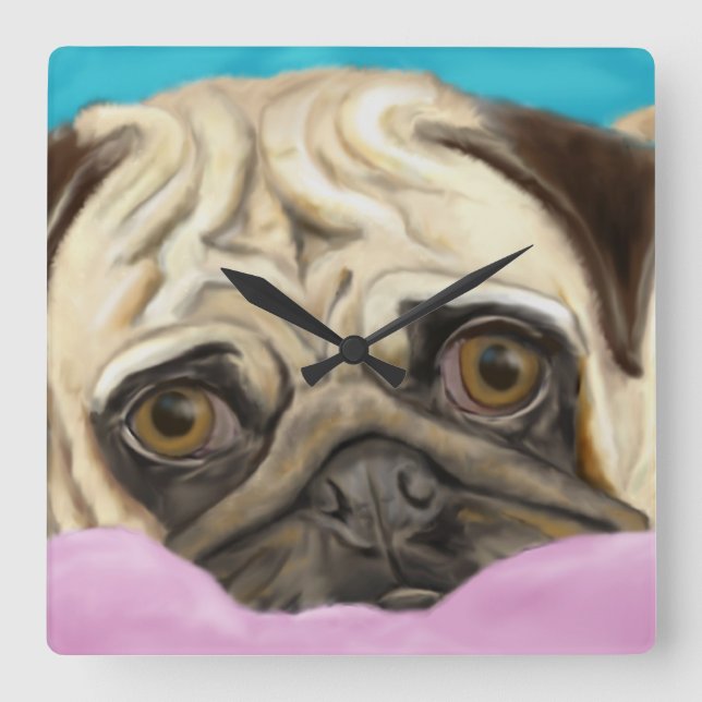Relógio Quadrado Pug pintado digitalmente com olhos tristes deitado (Frente)