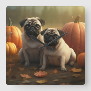 Relógio Quadrado Pug Puppy Autumn Delight Pumpkin