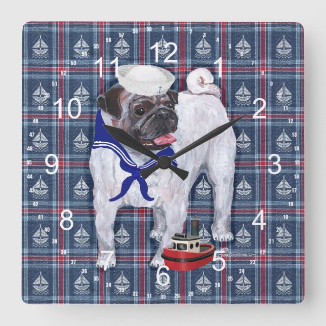 Relógio Quadrado Pug Sailor (Frente)
