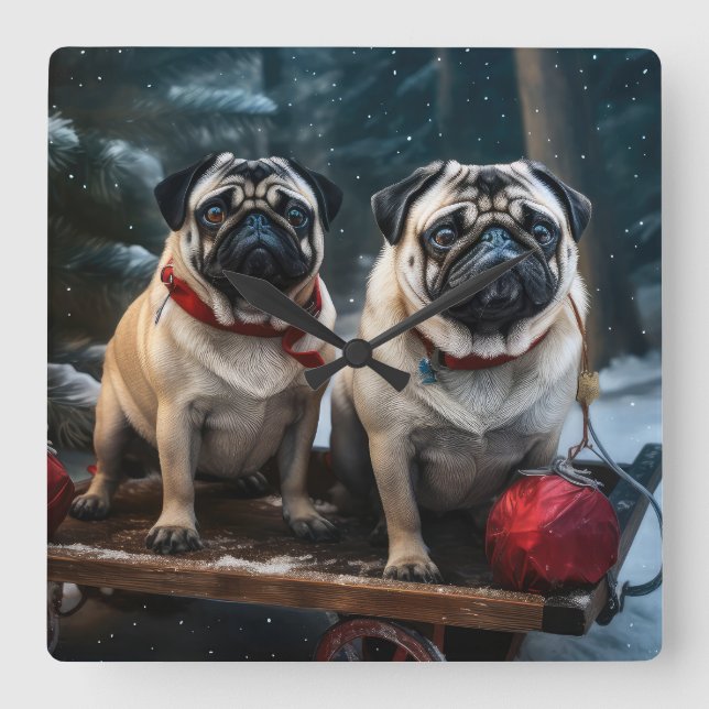 Relógio Quadrado Pug Snowy Sleigh Decoração de Natal (Frente)
