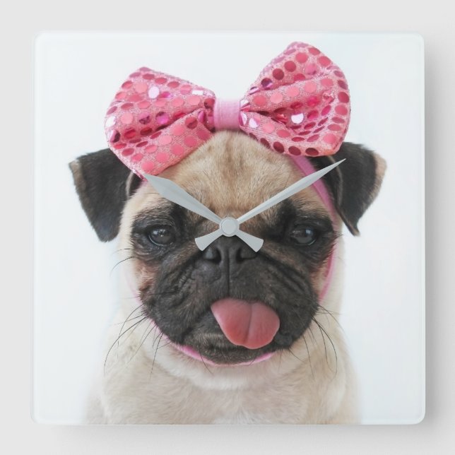 Relógio Quadrado Pug with Pink Bow (Frente)