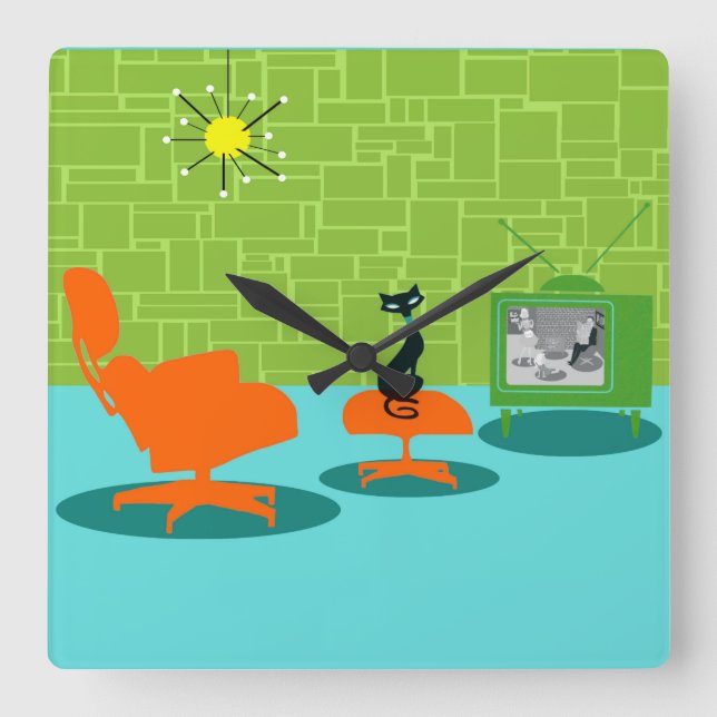 Relógio Quadrado Pulso de disparo de parede acrílico do gatinho (Frente)