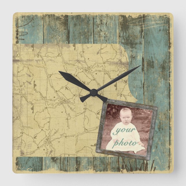 Relógio Quadrado Pulso de disparo de parede áspero das pranchas (Frente)