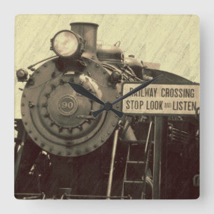Relógio Quadrado Pulso de disparo de parede rústico do trem