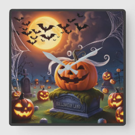 Relógio Quadrado Pumpkin de Halloween num Headstone