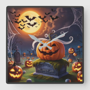 Relógio Quadrado Pumpkin de Halloween num Headstone