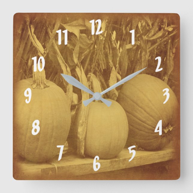 Relógio Quadrado Pumpkins E Estaleiros Secos De Milho Vintage (Frente)