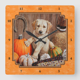 Relógio Quadrado Pup Amarelo e Colheita de Pumpkin Laranja
