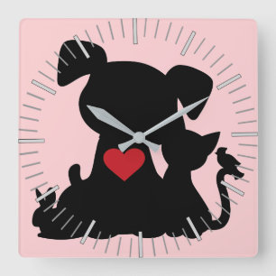 Relógio Quadrado Puppy e Kitten Silhouette rosa