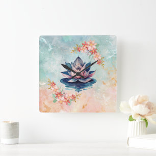 Relógio Quadrado Pureza Decorativa Flor de Lótus Rosa