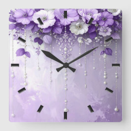 Relógio Quadrado Purple Flowers with Dangling Pearls Wall Clock