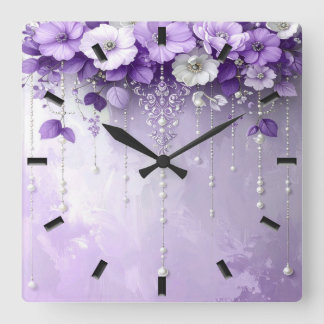 Relógio Quadrado Purple Flowers with Dangling Pearls Wall Clock