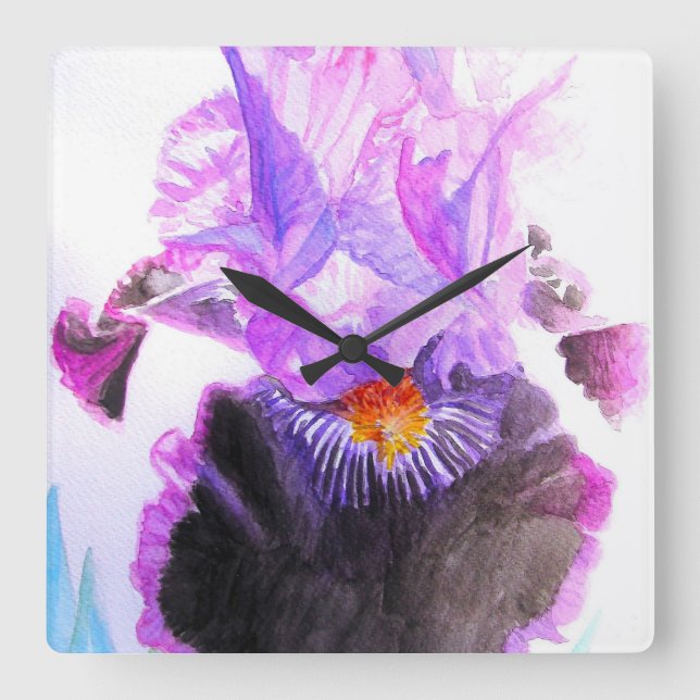 Relógio Quadrado Purple Iris Watercolor Flower Floral Birthday (Frente)