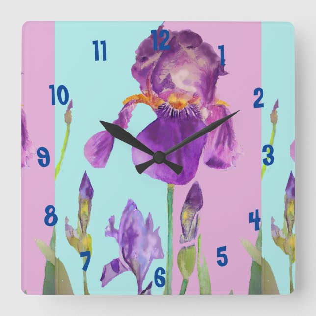 Relógio Quadrado Purple Iris Watercolor Womans Office Clock (Frente)