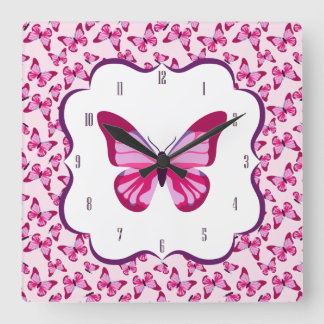 Relógio Quadrado Púrpura Rosa Bonito Padrão-Borboleta
