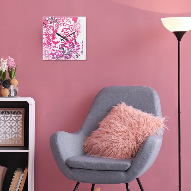 Relógio Quadrado Púrpura rosa, Leopardo-do-roxo, Chita com Farinha (Criador carregado)