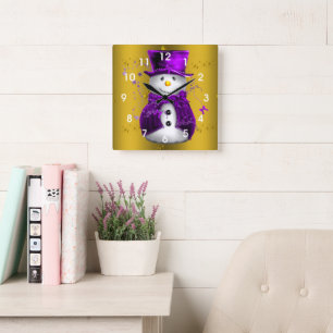 Relógio Quadrado Púrpura Snowman no Dourado Natal