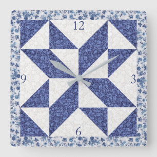 Relógio Quadrado Quadrado de Falso Acolchoado Calico Azul Branco de
