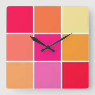 Relógio Quadrado Quadrados cor-de-rosa, laranja e amarelo